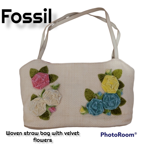 Fossil Handbags - Vintage Fossil cream straw woven shoulder bag pink green Velvet flowers